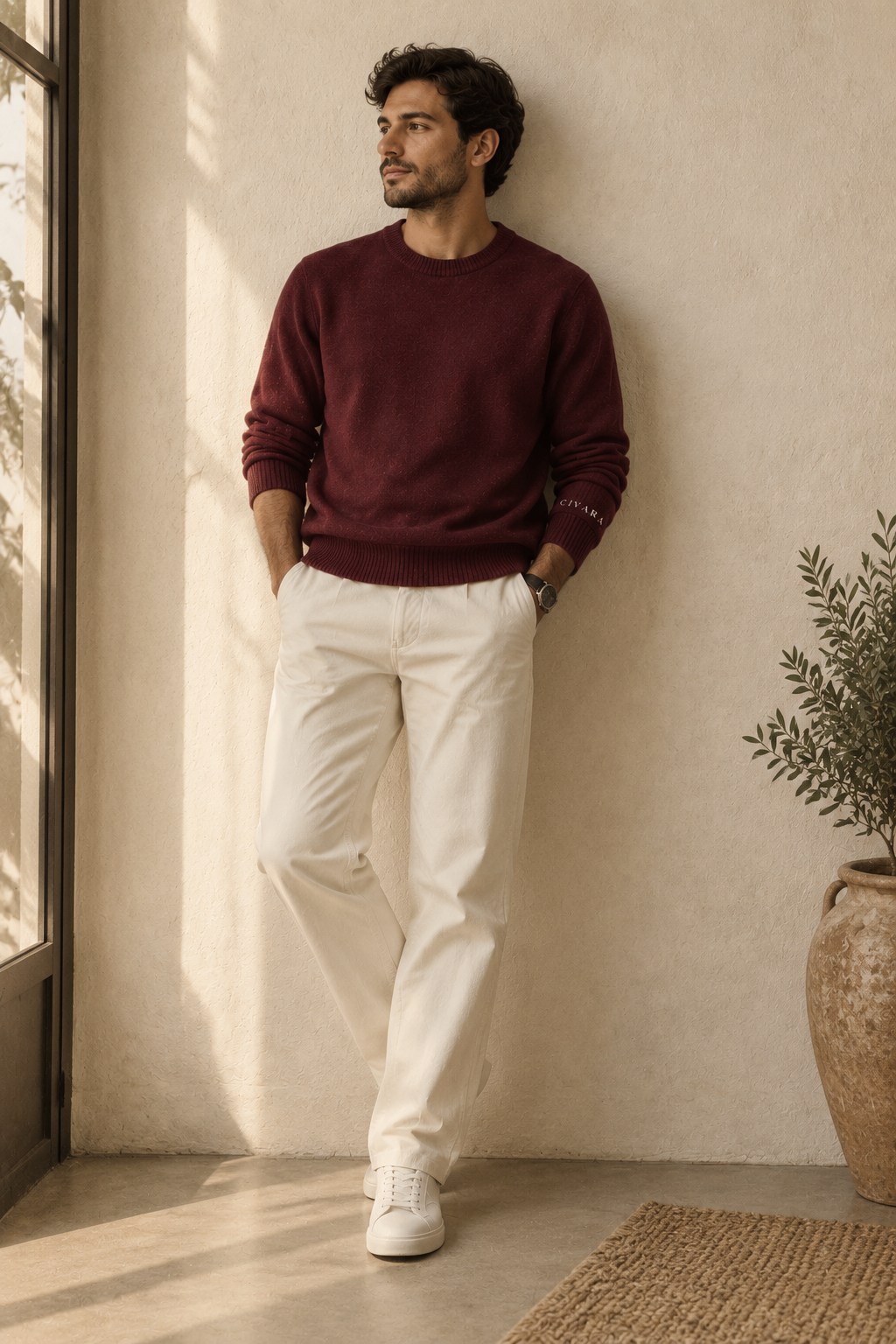 The Sceptre Crew worn with cream trousers against a plaster wall.