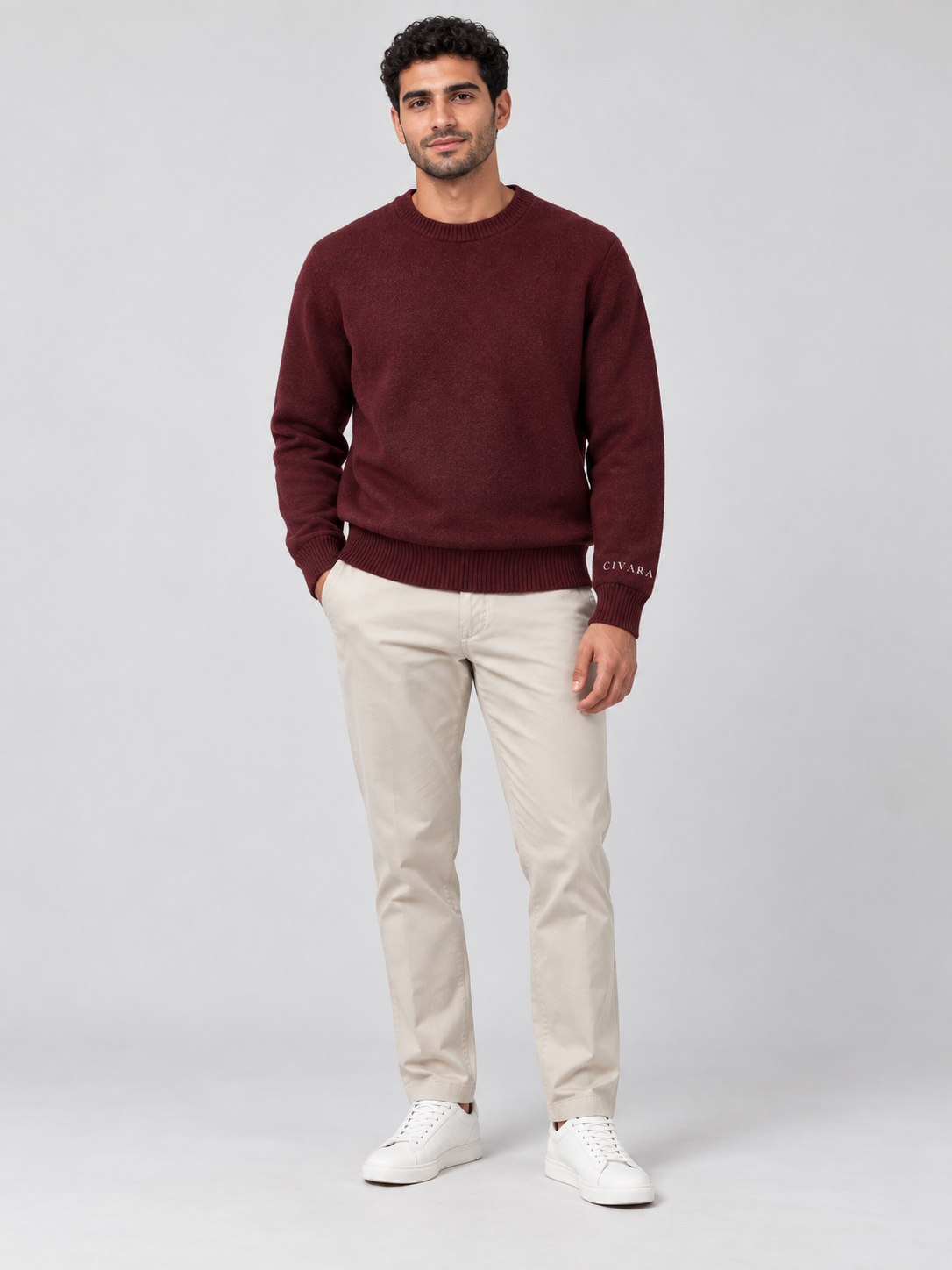The Sceptre Crew with cream chinos, front.