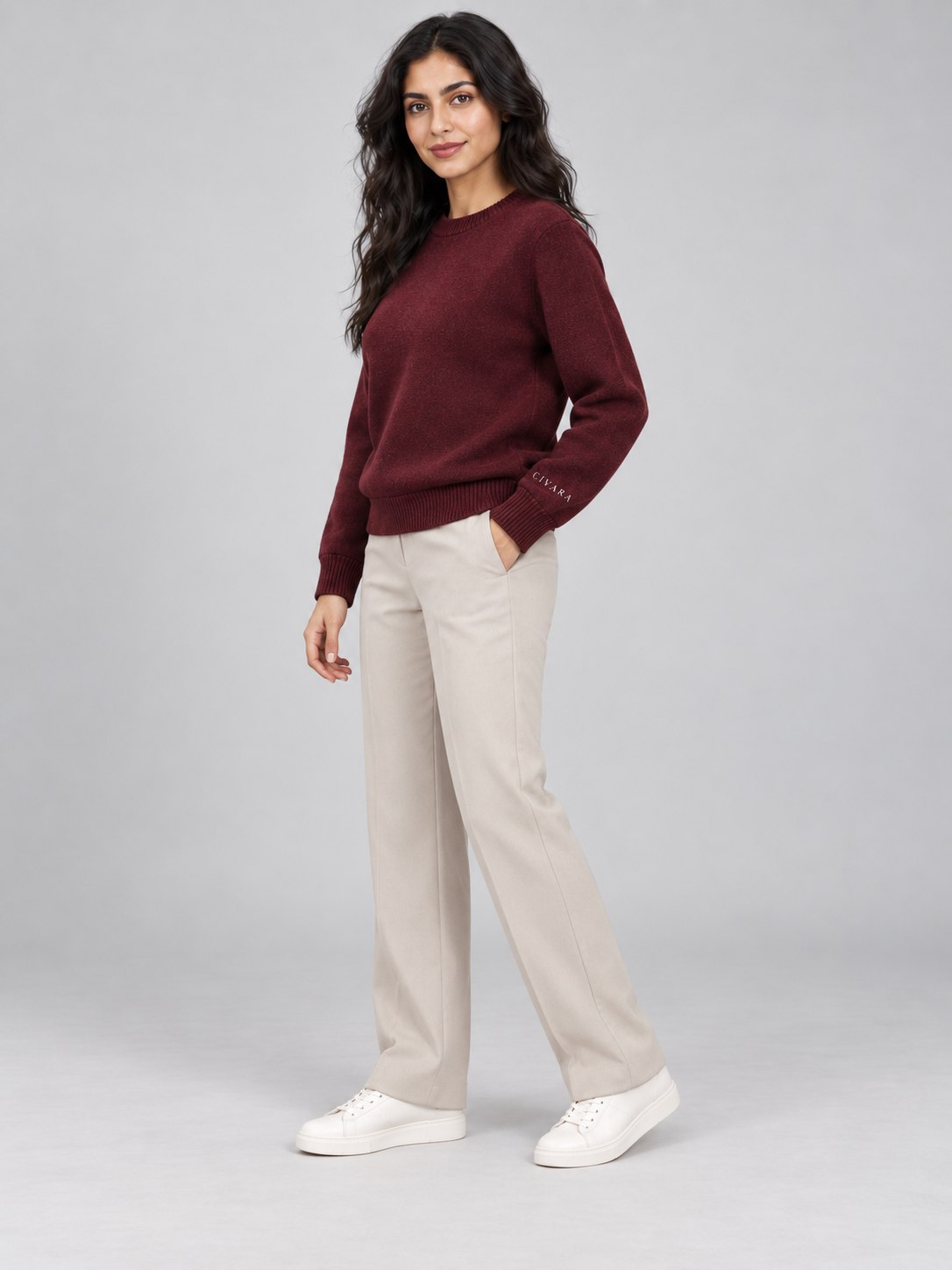 The Sceptre Crew seen at three-quarters, wide-leg trousers.